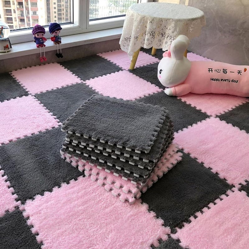 Typutomi 10pcs Plush Puzzle Foam Floor Mat, Soft Fluffy Interlocking Square Foam Tiles Area Rugs Carpet for Parlor Bedroom Decoration(11.8x11.8in, Grey&Pink) - Image 5